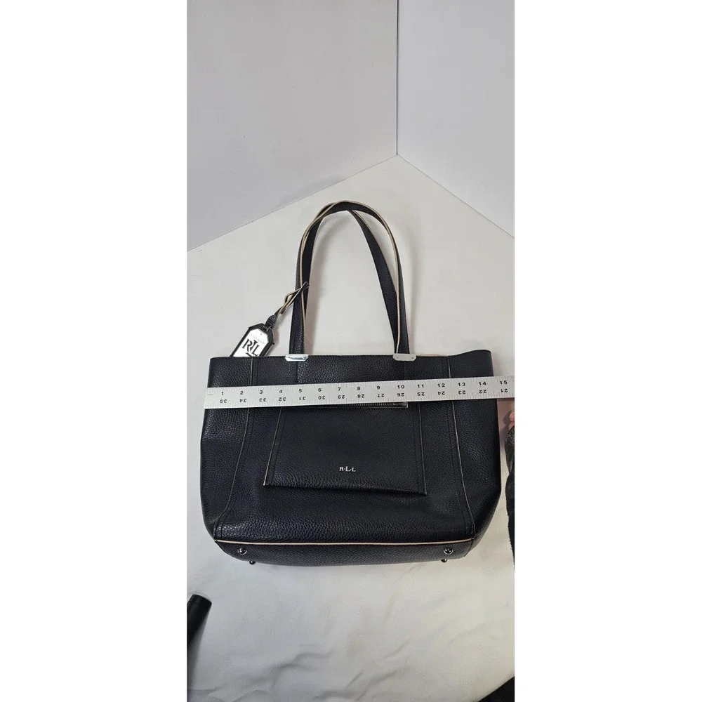 Lauren Ralph Lauren RLL Black Pebbled Leather Tote Zip Pocket‎ Metal Feet